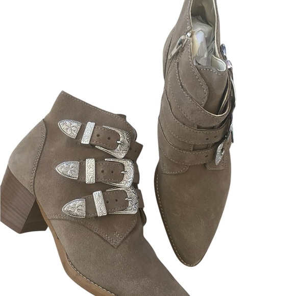 ASOS Triple Buckle Suede Western Ankle Boots Taupe Size 5 | Made in Italy - Picture 12 of 16